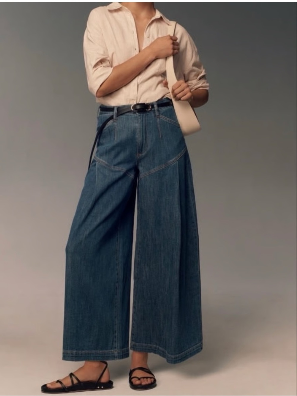 Anthropologie Wide-Leg Denim Jumpsuit Pants in Blue and Cream